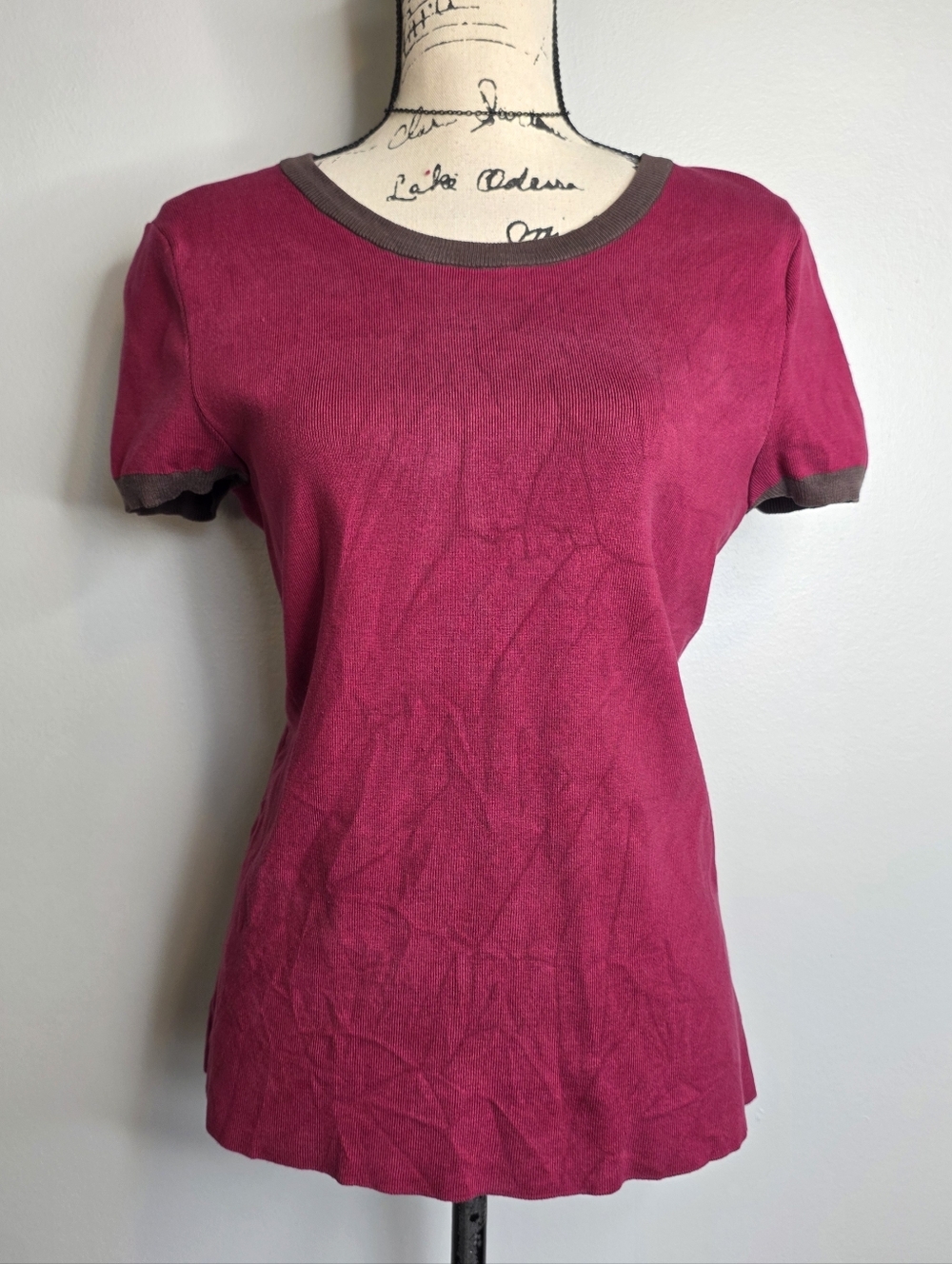 Alex Marie Magenta Short-Sleeve Ringer Tee with Brown Trim Silk Blend Sz L